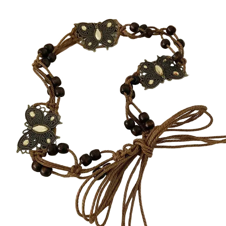 Ceinture à corde à nouer décorée de papillons et de perles