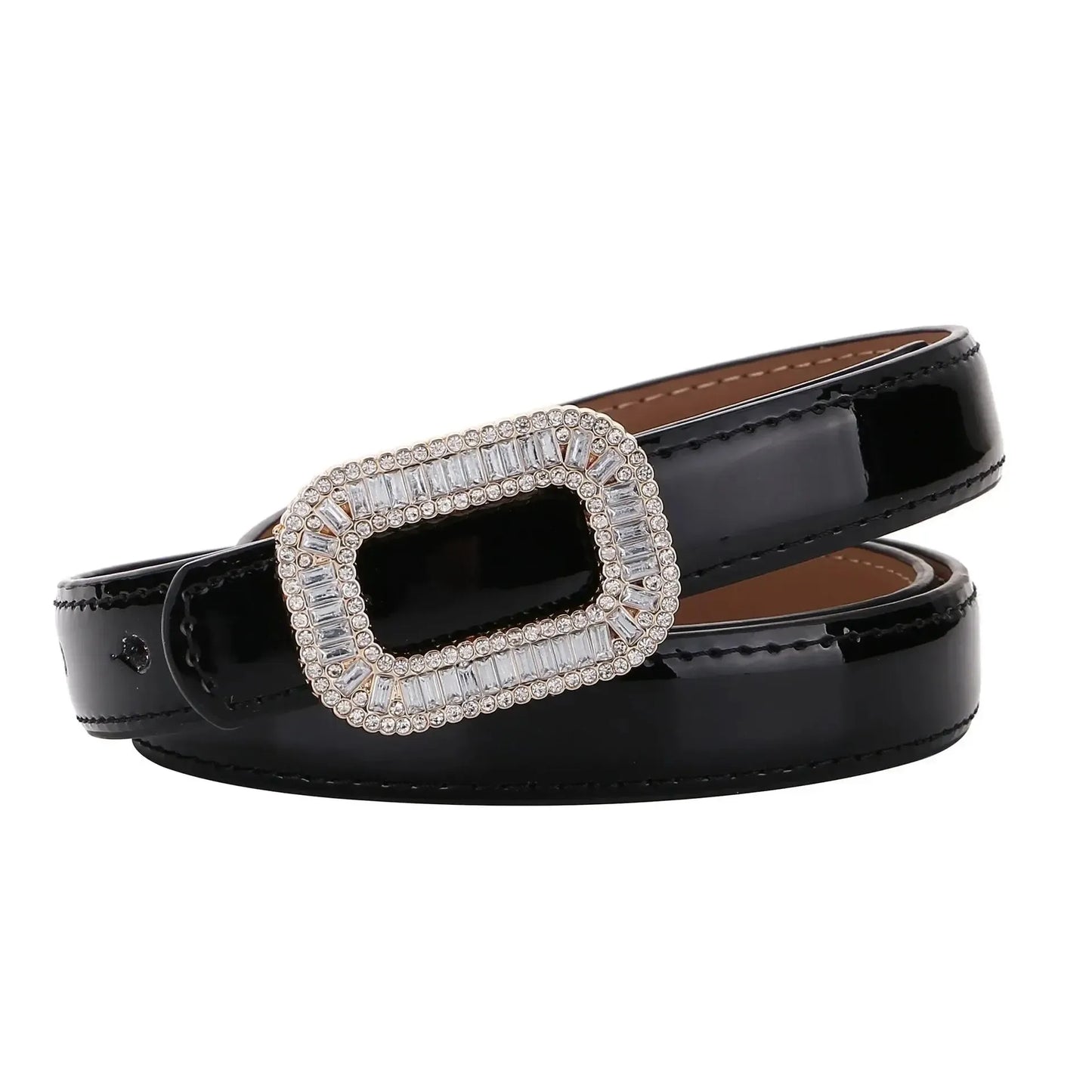 Ceinture fine en cuir vernis avec boucle strass