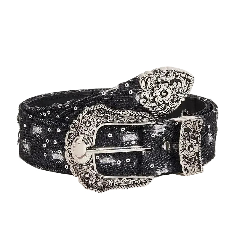 Ceinture western en jean pour femme avec boucle fantaisie ajourée