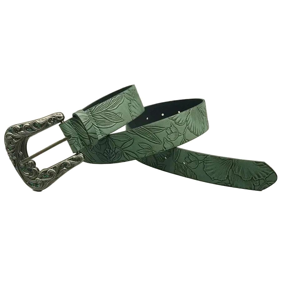 Ceinture western sculptée de couleur foncée pour femme avec imprimé de feuilles