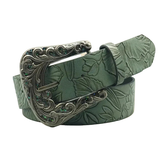 Ceinture western sculptée de couleur foncée pour femme avec imprimé de feuilles