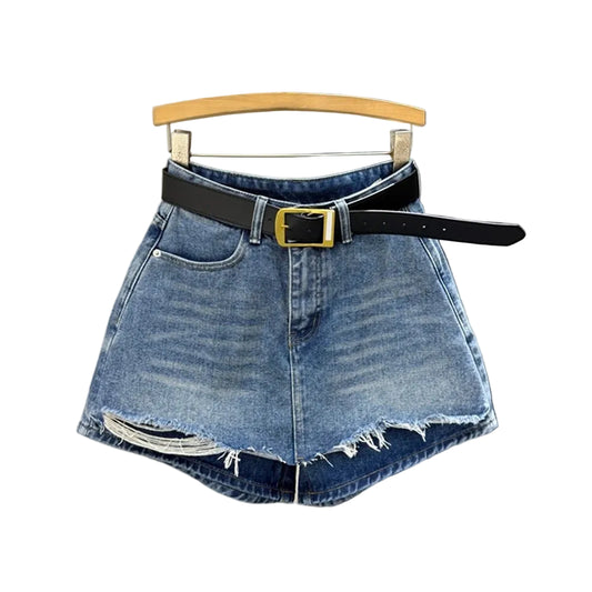 Jupe-short en jean déchiré taille haute pour femme – Denim slim style streetwear