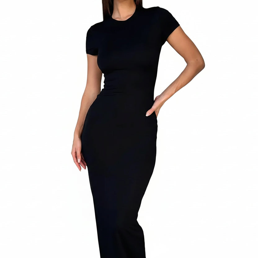 Robe Moulante Femme Col Rond Manches Courtes – Robe Sexy Mode Élégante