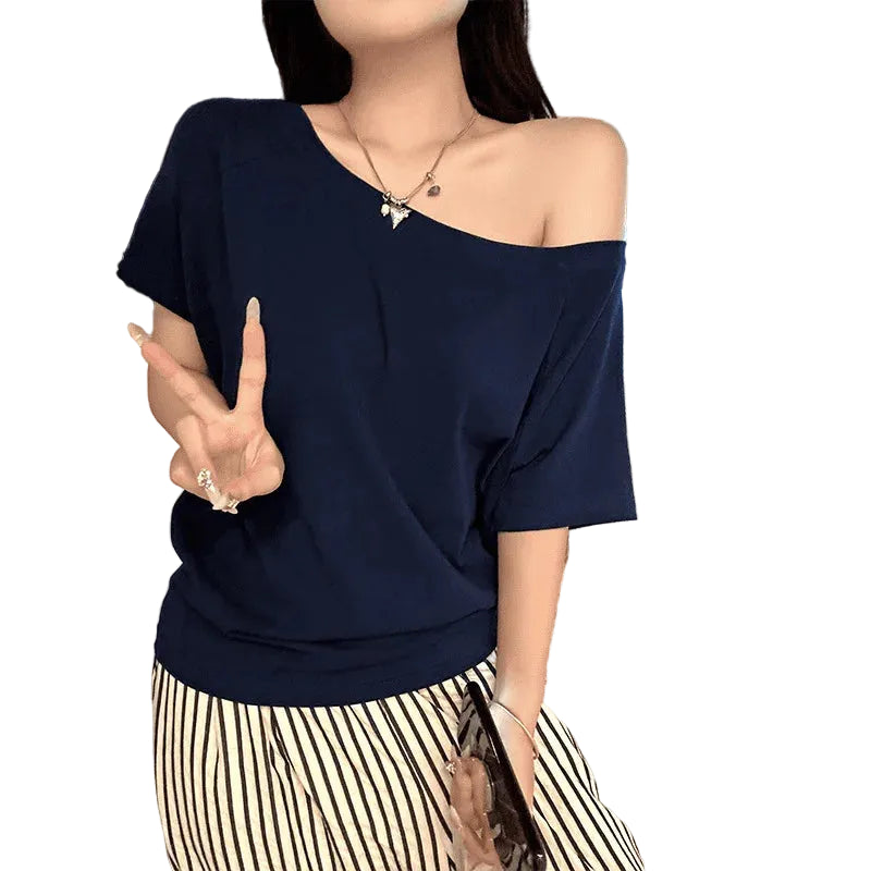 T-shirt Femme à Manches Courtes – Col Incliné Style Street Sexy