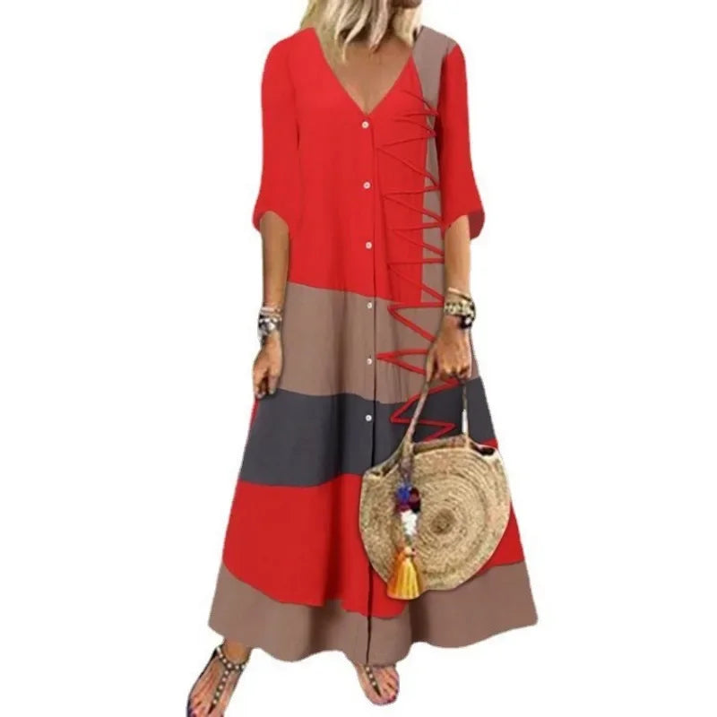 Robe Longue Vintage Femme Col V Manches Courtes – Look Élégant et Rétro Chic