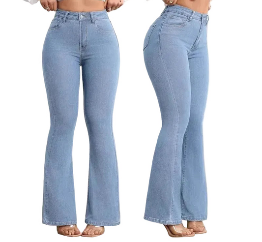Jean taille haute amincissant élastique rehausse-fesses micro évasé pour femme