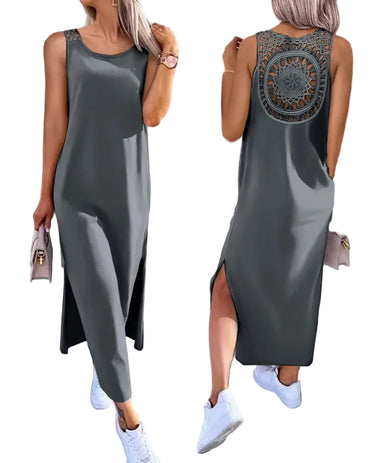 Robe longue en dentelle fente ajourée pour femme