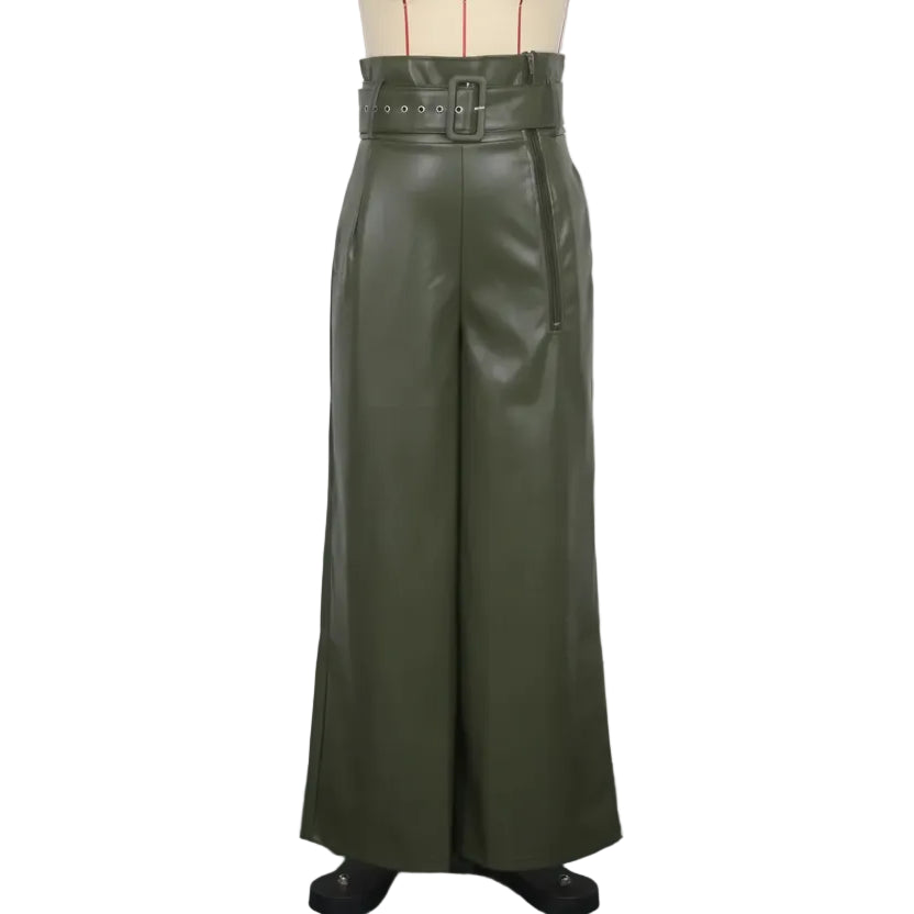 Pantalon taille haute en cuir PU pour femme – coupe large streetwear décontractée