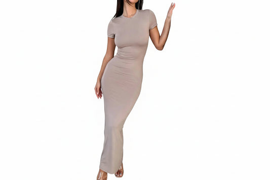 Robe Moulante Femme Col Rond Manches Courtes – Robe Sexy Mode Élégante