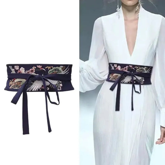 Ceinture Obi brodée, motif grue chinois