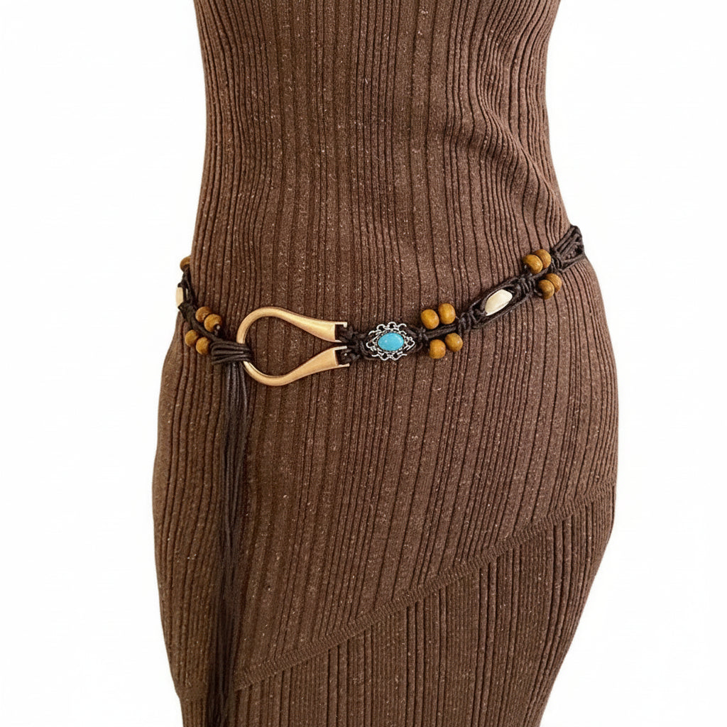 Ceinture à corde à nouer décorée de papillons et de perles