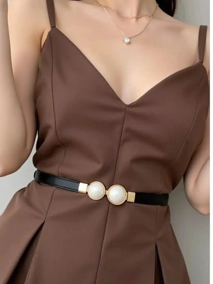 Ceinture de taille pour femme en cuir et chaîne de perles