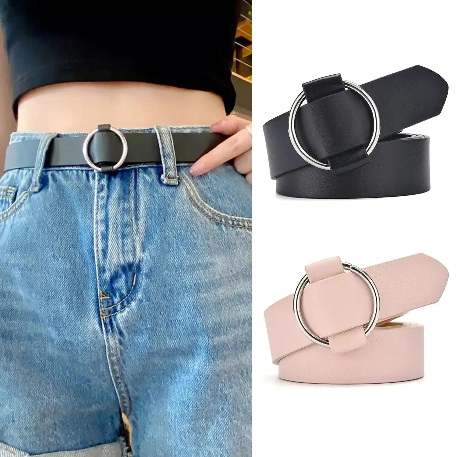 Ceinture femme en cuir non perforé — boucle ronde élégant