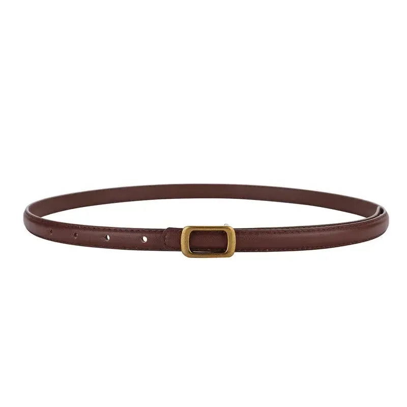 Ceinture fine en cuir véritable pour femme avec boucle carrée en métal