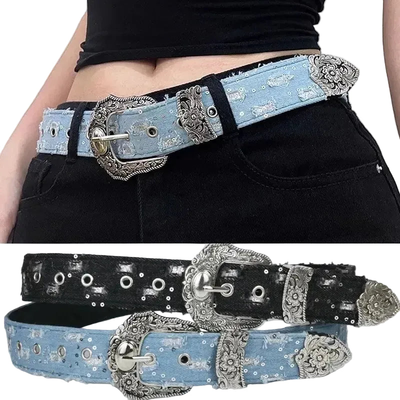 Ceinture western en jean pour femme avec boucle fantaisie ajourée