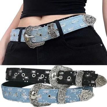 Ceinture western en jean pour femme avec boucle fantaisie ajourée