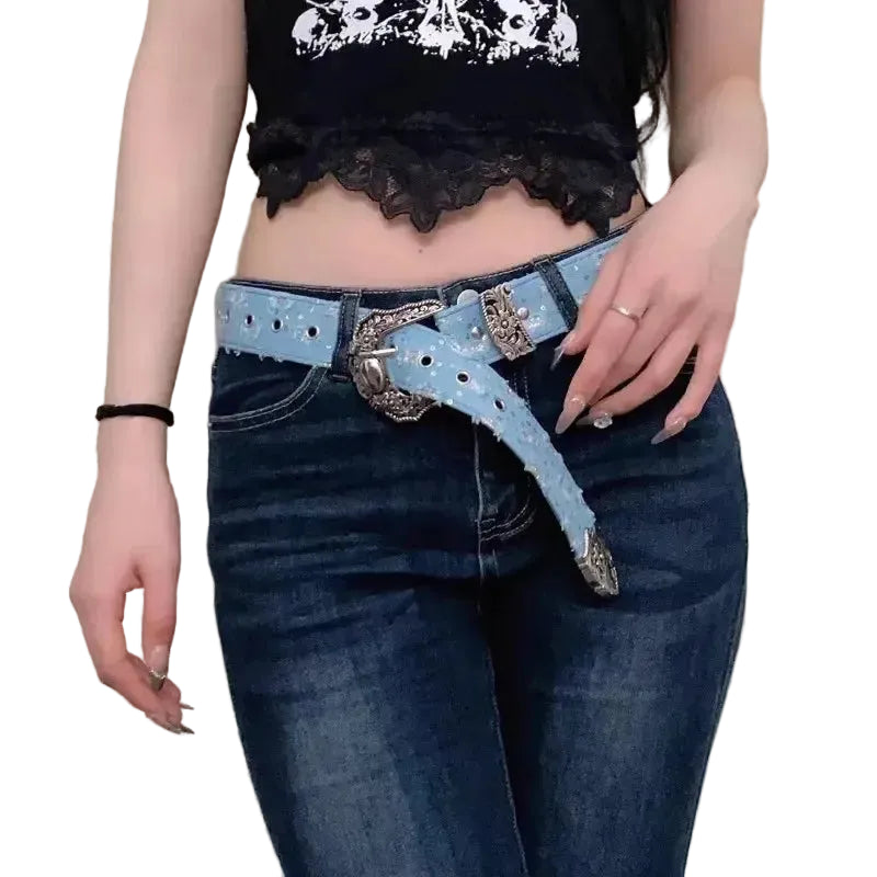 Ceinture western en jean pour femme avec boucle fantaisie ajourée