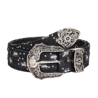 Ceinture western en jean pour femme avec boucle fantaisie ajourée
