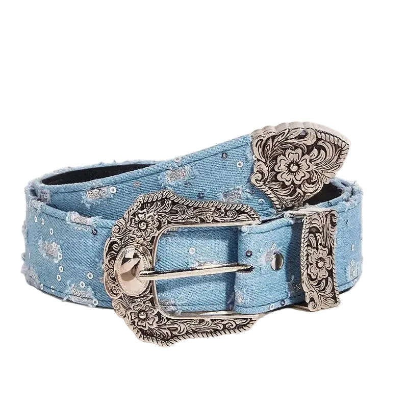 Ceinture western en jean pour femme avec boucle fantaisie ajourée