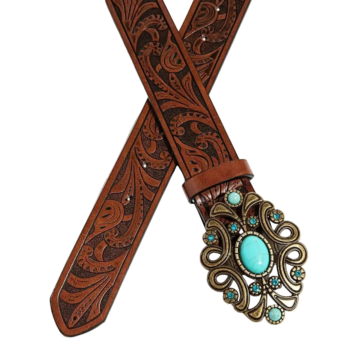 Ceinture western femme marron fleurs en relief