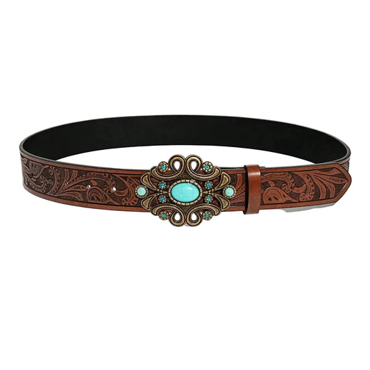 Ceinture western femme marron fleurs en relief