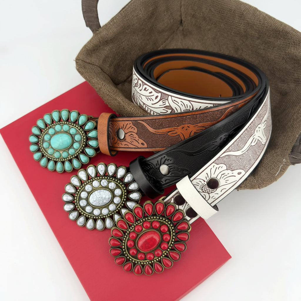 Ceinture western pour homme et femme avec boucle ovale turquoise
