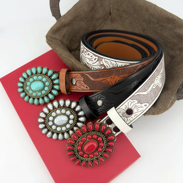 Ceinture western pour homme et femme avec boucle ovale turquoise