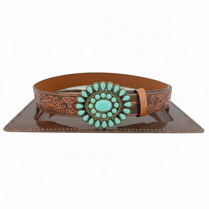 Ceinture western pour homme et femme avec boucle ovale turquoise