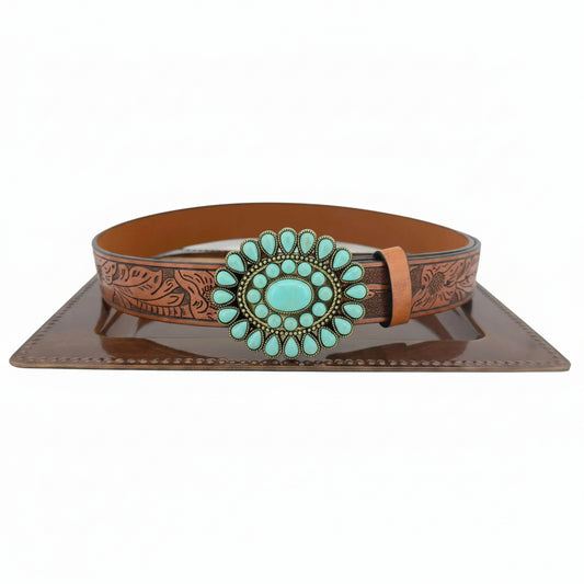 Ceinture western pour homme et femme avec boucle ovale turquoise