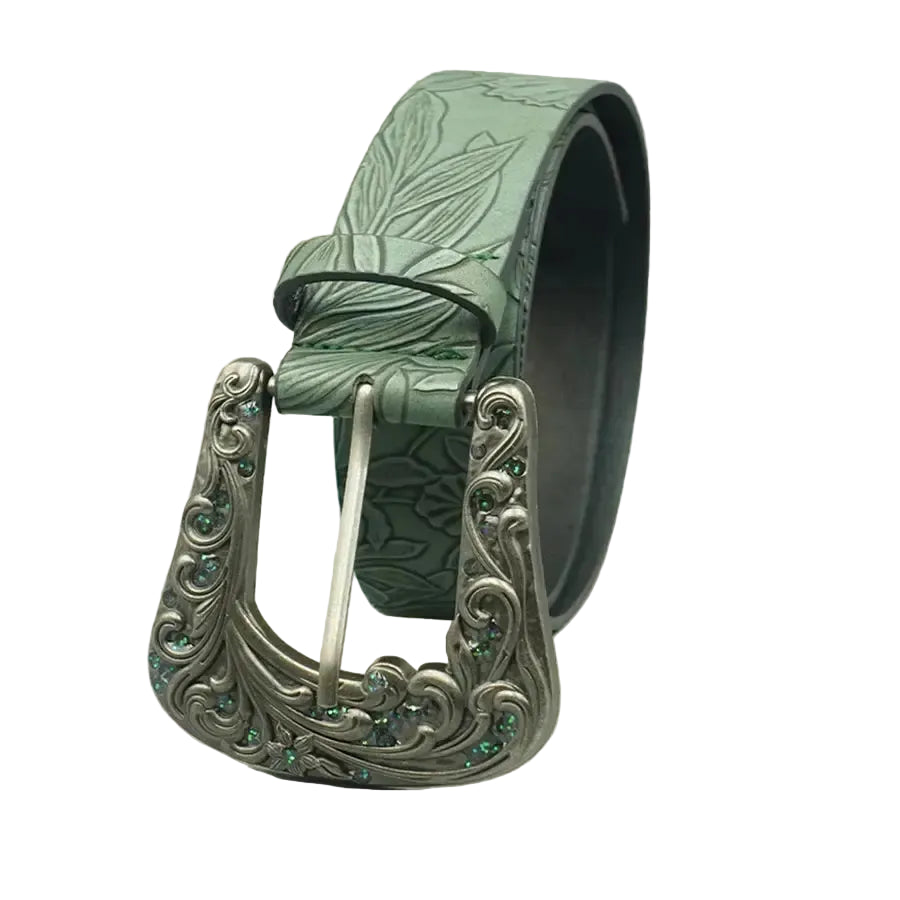 Ceinture western sculptée de couleur foncée pour femme avec imprimé de feuilles