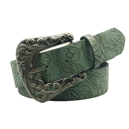 Ceinture western sculptée de couleur foncée pour femme avec imprimé de feuilles