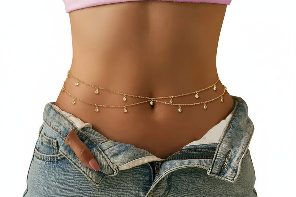 Chaîne de ventre bohème à strass pour femme – bijou de plage pour bikini