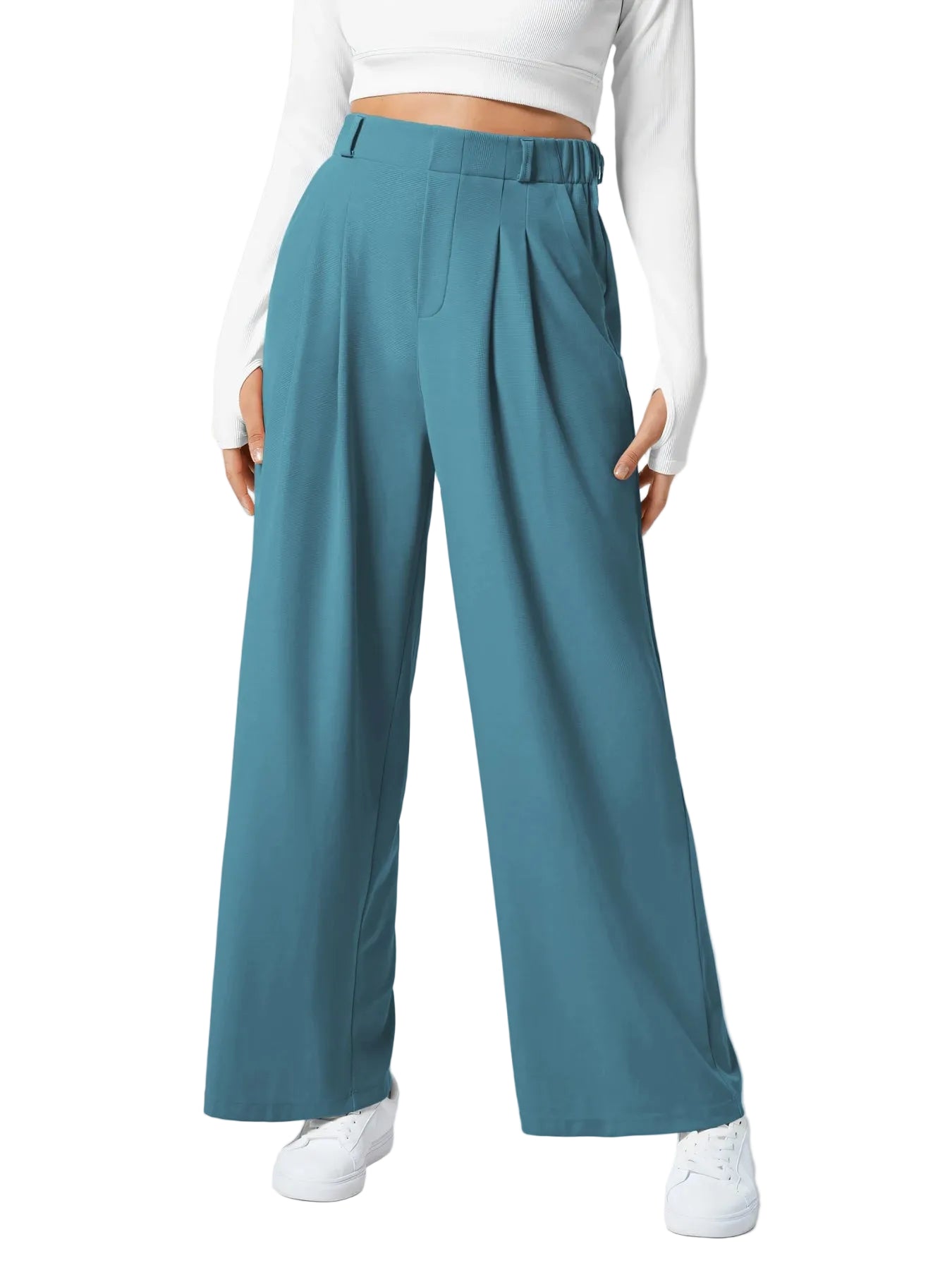 Pantalon plaid femme taille haute – coupe large effet minceur avec poches, style casual
