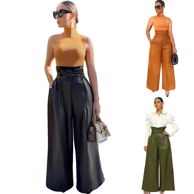 Pantalon taille haute en cuir PU pour femme – coupe large streetwear décontractée