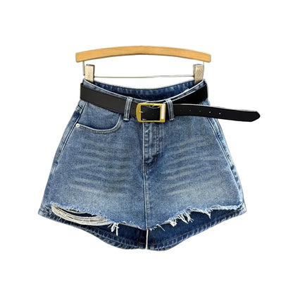 Jupe-short en jean déchiré taille haute pour femme – Denim slim style streetwear