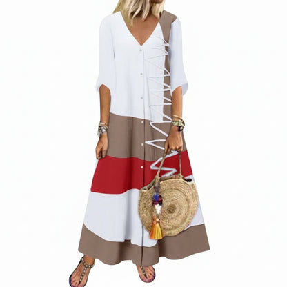 Robe Longue Vintage Femme Col V Manches Courtes – Look Élégant et Rétro Chic