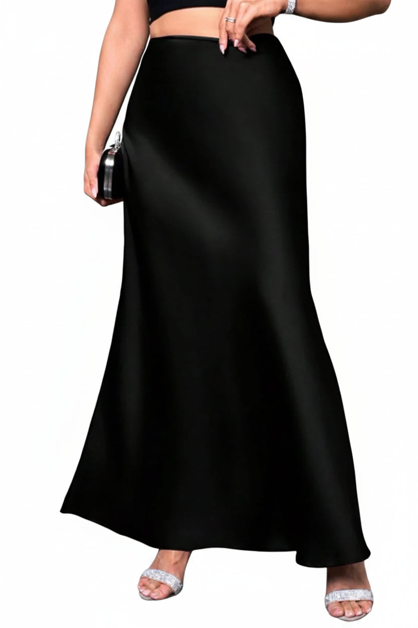 Jupe Midi Trapèze en Satin Effet Soie – Taille Haute Queue de Sirène Femme