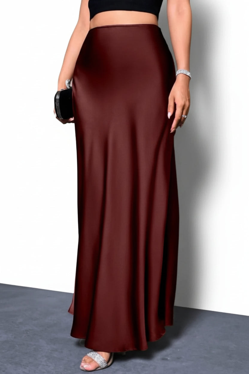 Jupe Midi Trapèze en Satin Effet Soie – Taille Haute Queue de Sirène Femme
