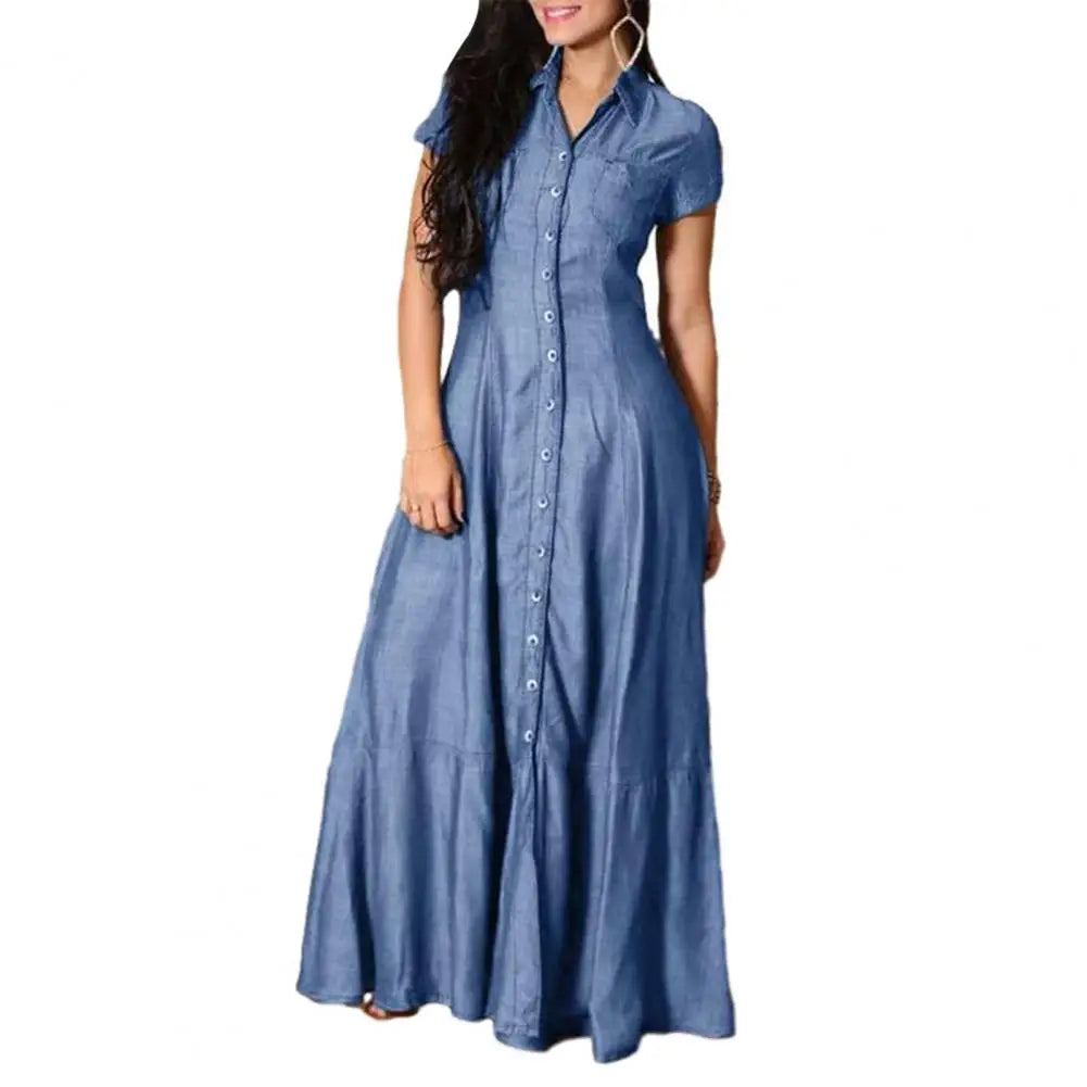Robe en jean élégante pour femme avec ourlet à volants et poches plaquées