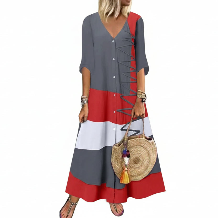 Robe Longue Vintage Femme Col V Manches Courtes – Look Élégant et Rétro Chic