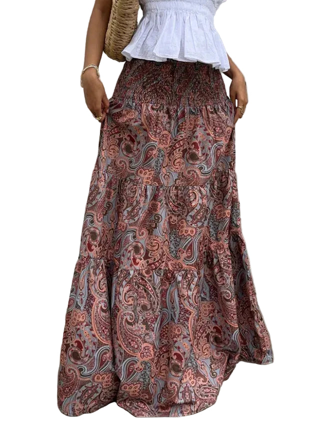 Jupe Longue Bohème Imprimée Taille Haute – Coupe Trapèze Superposée