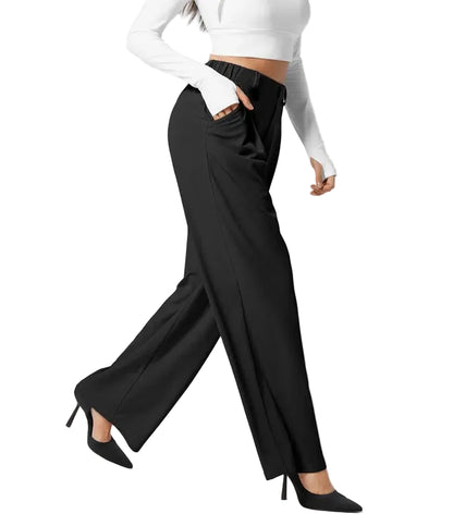 Pantalon plaid femme taille haute – coupe large effet minceur avec poches, style casual