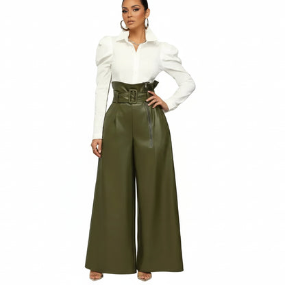 Pantalon taille haute en cuir PU pour femme – coupe large streetwear décontractée