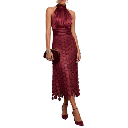Robe Longue Satinée Femme – Col Rond et Style Élégant
