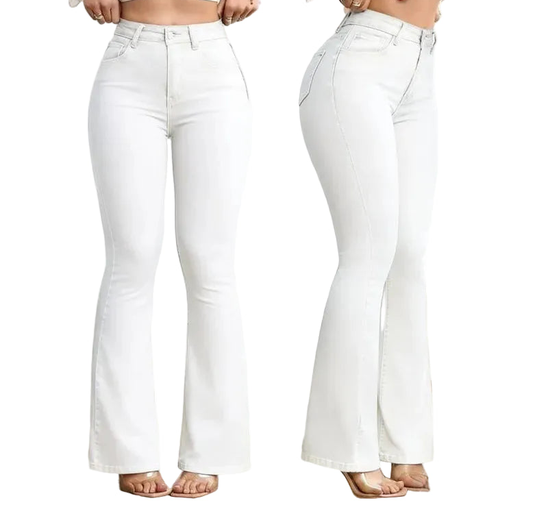 Jean taille haute amincissant élastique rehausse-fesses micro évasé pour femme