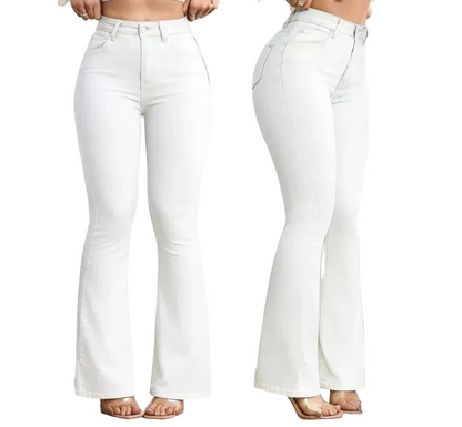 Jean taille haute amincissant élastique rehausse-fesses micro évasé pour femme