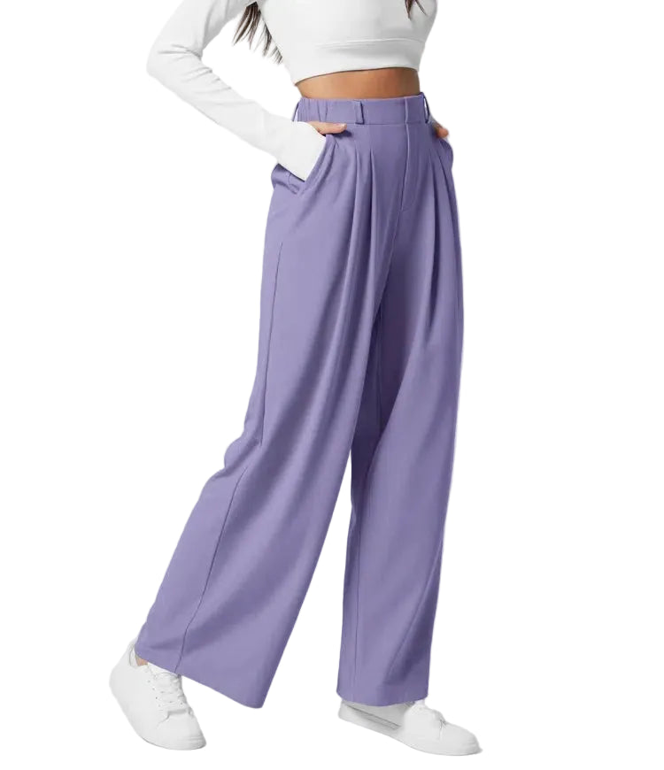 Pantalon plaid femme taille haute – coupe large effet minceur avec poches, style casual