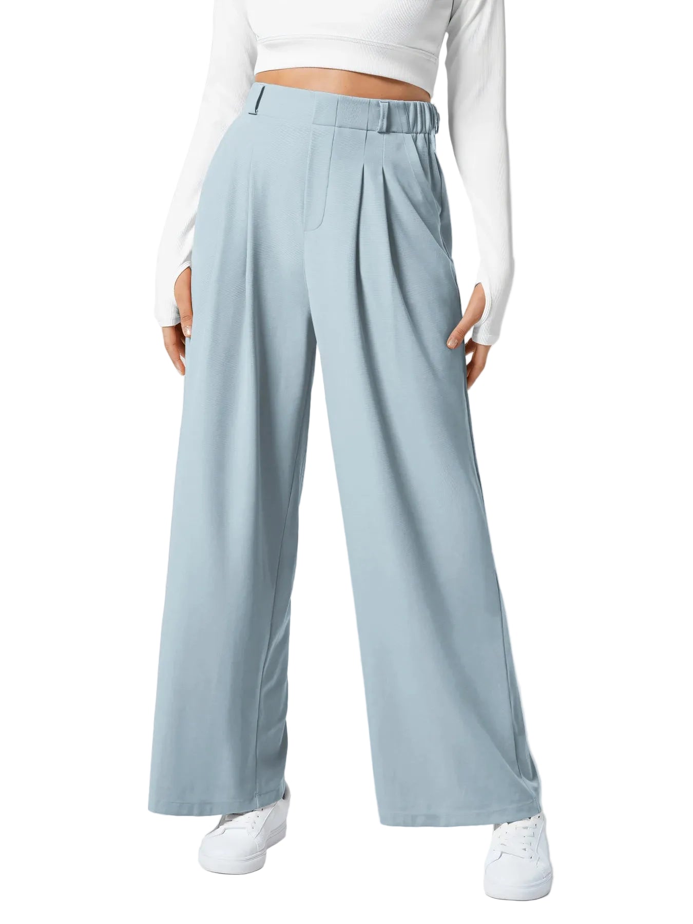 Pantalon plaid femme taille haute – coupe large effet minceur avec poches, style casual