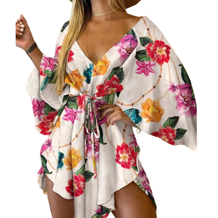 Mini Robe Bohème Fleurie Col V – Été Femme, Style Plage