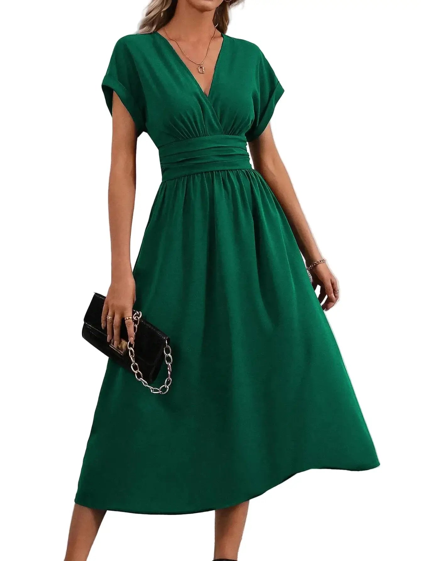 Robe Élégance Plissée Longue Manches Chauve-Souris pour Femme